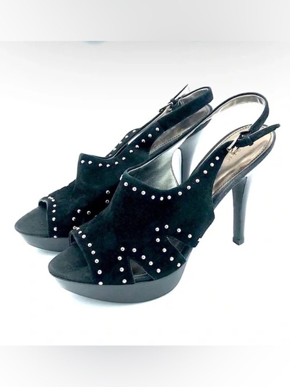 Like New Marc Fisher Black Suede Studded Platform Slingback Heels